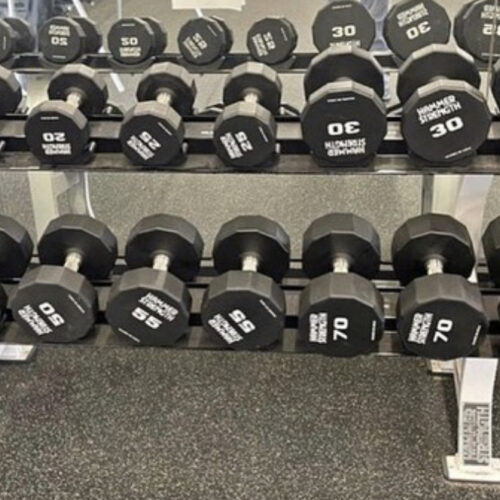 Hammer Strength 12-Sided Urethane Dumbbells With 3 Hammer Racks